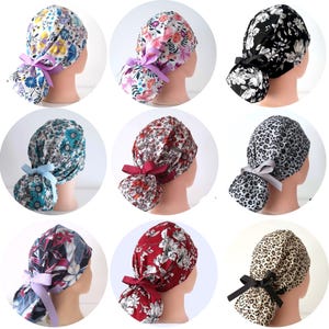 Ponytail Scrub Cap for Women – Satin Lined Surgical Hat with Buttons – Personalized Nurse Gift