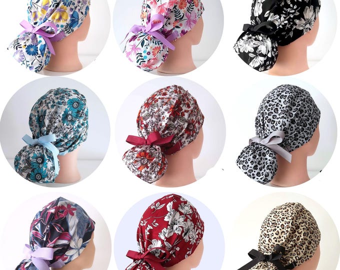 Ponytail scrub cap - Surgical Caps - Satin Lined Scrub Cap- Embroidered scrub caps - FifthCraftyStreet