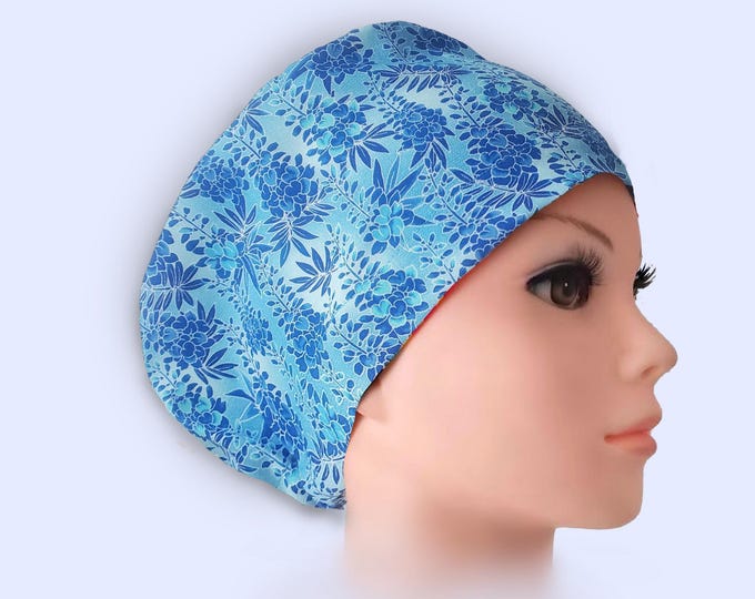 Euro Scrub Cap - Adjustable - Satin Buttons Lined option - Blue Florals