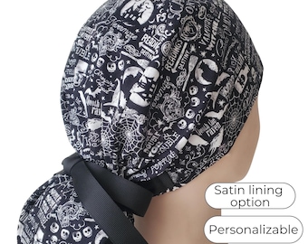 Scrub Cap Ponytail Style | Satin Lining & Personalization Option | Haunted House