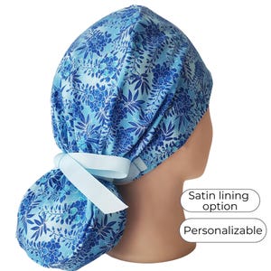 Scrub Cap Ponytail Style | Satin Lining & Personalization Option | Blue Florals