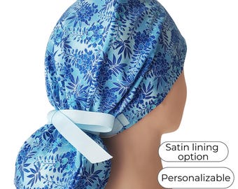 Scrub Cap Ponytail Style | Satin Lining & Personalization Option | Blue Florals