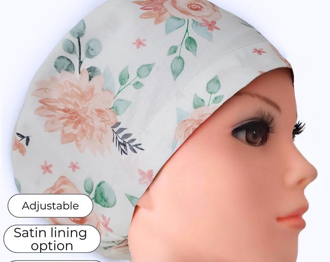 Euro Scrub Cap Peach Roses on Cream – Adjustable | Optional Satin Lining | Personalizable