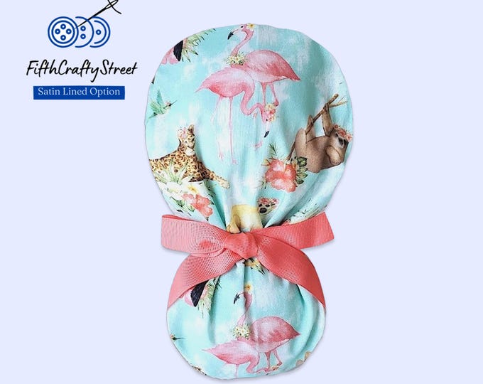 Sloth - Flamingo - Ponytail scrub cap for Women  - Surgical Cap - Coral Ribbons - Satin Lined Option - FifthCraftyStreet