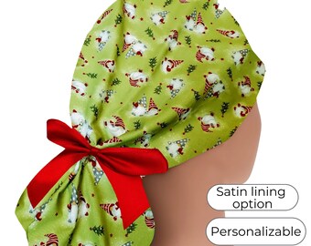 Gnomes Scrub Cap with Ponytail Satin Lined Option