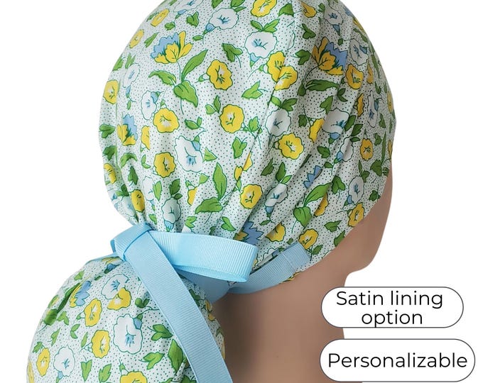 Ponytail Scrub Cap for Women - Blossom Floral Surgical Cap Satin Lined Option - FifthCraftyStreet