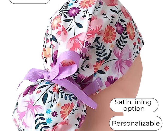 Ponytail Scrub Cap Satin Lined Personalized : Pink Purple Floral
