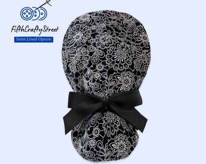 Floral Black/White Ponytail Scrub Cap for Women - Surgical Cap with Satin Lining Option - FifthCraftyStreet