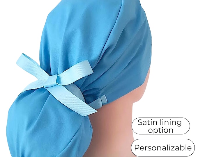 Solid Blue Ponytail Scrub Cap for Women - Surgical Cap with Satin Lined Option - FifthCraftyStreet