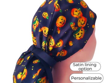 Halloween Ponytail Scrub Cap - Pumpkins on navy Surgical cap for Women - Satin Lining option -