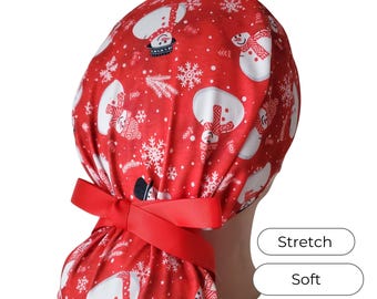 Stretch Christmas Snowman Ponytail Scrub Cap: Adjustable Holiday Surgical Hat