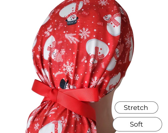 Stretch Christmas Snowman Ponytail Scrub Cap: Adjustable Holiday Surgical Hat