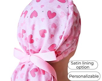 Ponytail Scrub Cap, Pink Heart Glitter Pattern: Personalization, Satin Lining, Buttons Option
