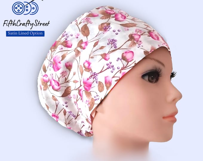 Euro Scrub Caps - Adjustable - Satin Lining option - Blossom Cherry - FifthCraftyStreet