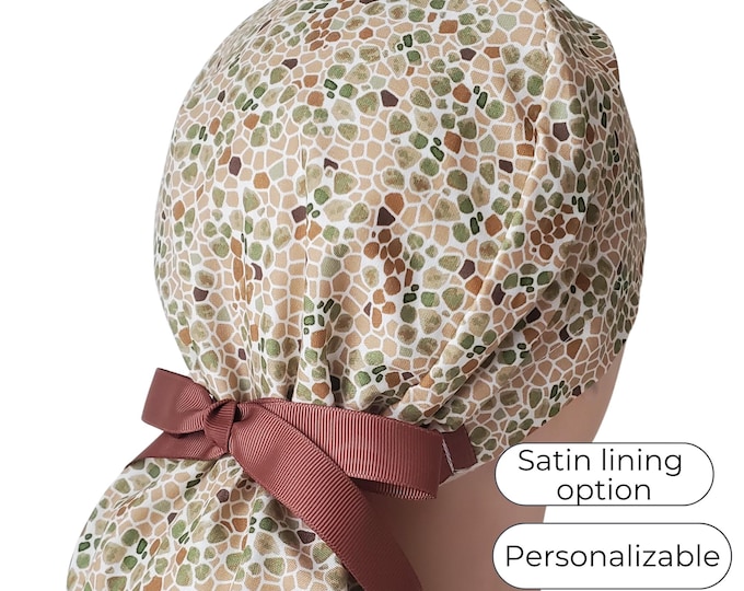 Earthy Mosaic Ponytail Scrub Cap - Surgical Cap - Satin Lined option