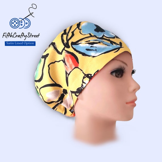 Euro Scrub Cap for Women - Yellow floral - Satin Lined Scrub Cap
