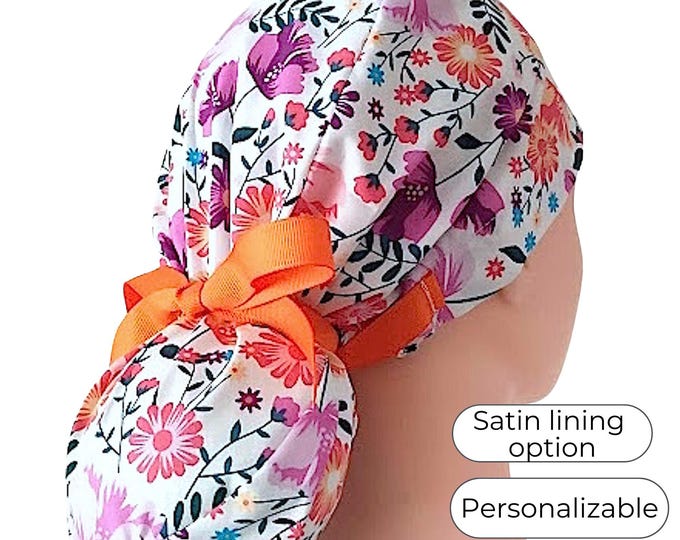 Satin Lined Option Ponytail Scrub Cap for Women - Floral Surgical Cap with ribbon - FifthCraftyStreet