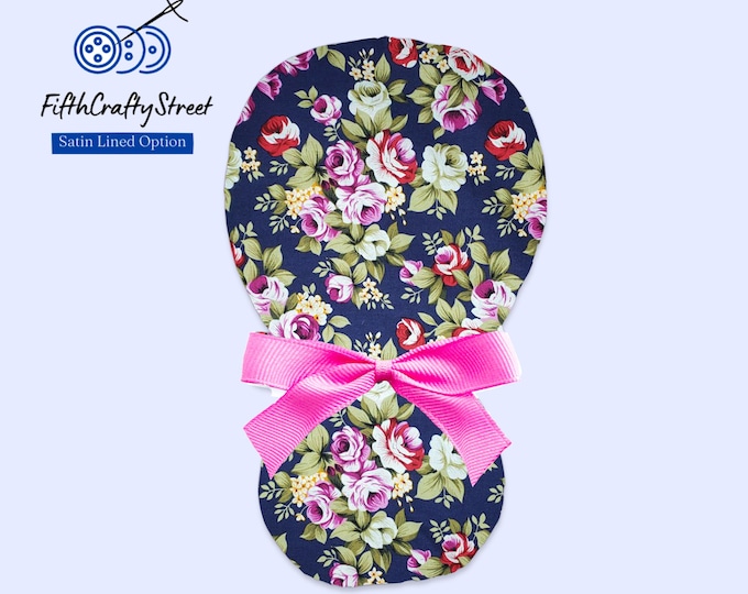 Ponytail Scrub Cap - Surgical Cap - Floral - Satin Lined - Personalization option - FifthCraftyStreet