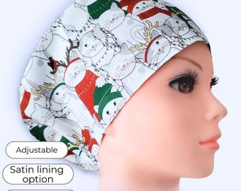 Christmas Cat Euro Scrub Cap Satin Lined option Adjustable Surgical Hat