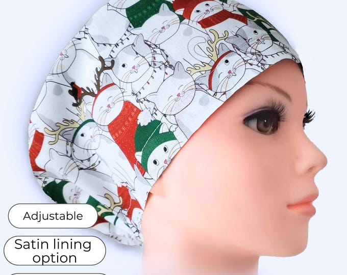 Christmas Cat Euro Scrub Cap Satin Lined option Adjustable Surgical Hat