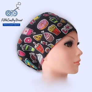 Euro Scrub Caps - Adjustable - Satin Lining option - Snack Attack -