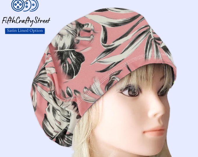 Stretchy Scrub Caps - Surgical Euro Scrub Cap - Floral Dusty Pink - FifthCraftyStreet