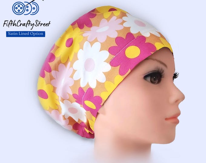Euro Scrub Cap - Floral print Lightweight  Cotton - Adjustable - Satin Lined Scrub Cap - FifthCraftyStreet