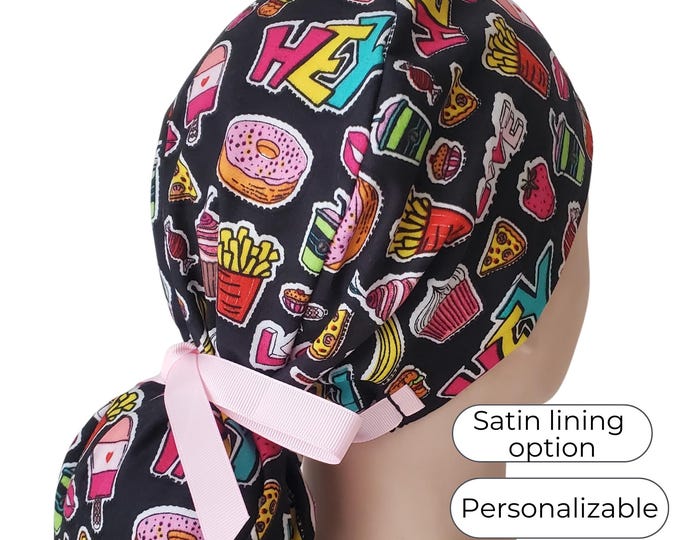 Snack Attack - Ponytail Scrub Cap for Women - Surgical Cap Satin Lined Option - FifthCraftyStreet