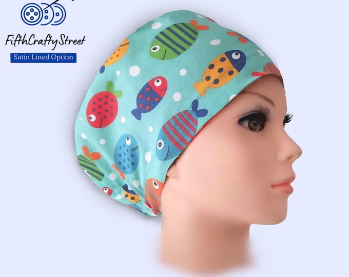 Fish - Euro Scrub Cap for Women - Adjustable - Satin Lining option - FifthCraftyStreet