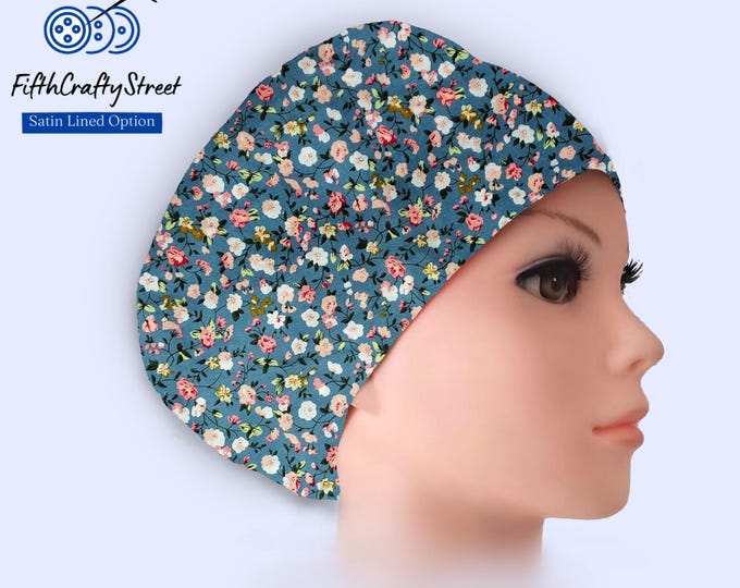 Euro Scrub Caps - Adjustable - Satin Lining option - Floral on blue - FifthCraftyStreet