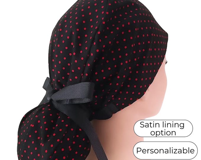Polkadot print black/red Ponytail Scrub Cap for Women - Surgical Cap Satin Lined Option - FifthCraftyStreet