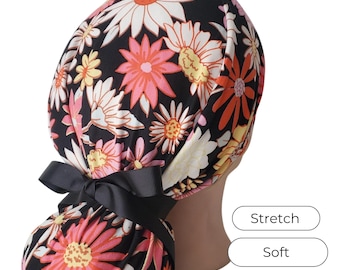 Stretch Floral Ponytail Scrub Cap Adjustable: Daisy Print Nurse Cap