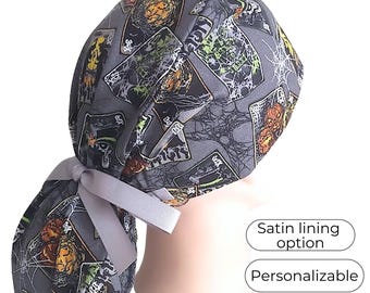 Halloween Ponytail Scrub Cap - Surgical Cap for Women Satin Lined -