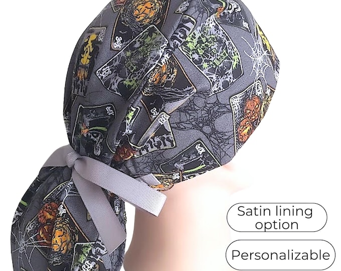 Halloween Ponytail Scrub Cap - Surgical Cap for Women Satin Lined - FifthCraftyStreet