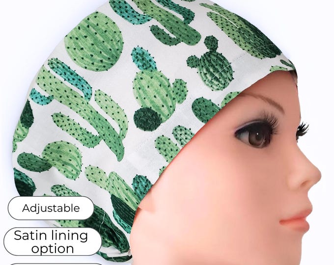 Green Cactus Euro Scrub Cap: Succulent, Adjustable, Satin Lining Option, Personalized Medical Cap