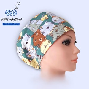 Euro Scrub Caps - Satin Lined option - Adjustable - Cats - FifthCraftyStreet
