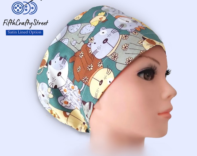 Euro Scrub Caps - Satin Lined option - Adjustable - Cats - FifthCraftyStreet