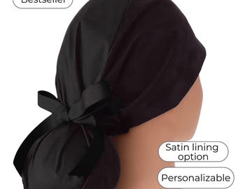 Solid Black Ponytail Scrub Cap for Women - Surgical Cap with Satin Lined Option -