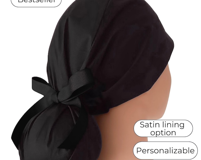 Solid Black Ponytail Scrub Cap for Women - Surgical Cap with Satin Lined Option -