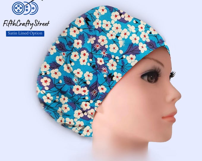 Euro Scrub Caps - Adjustable - Satin Lining option - Floral Blue - FifthCraftyStreet