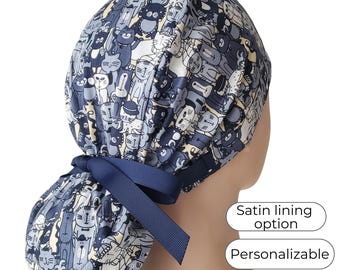 Feline Friends - Cats Ponytail Scrub Cap for Women - Surgical Cap Satin Lined Option -