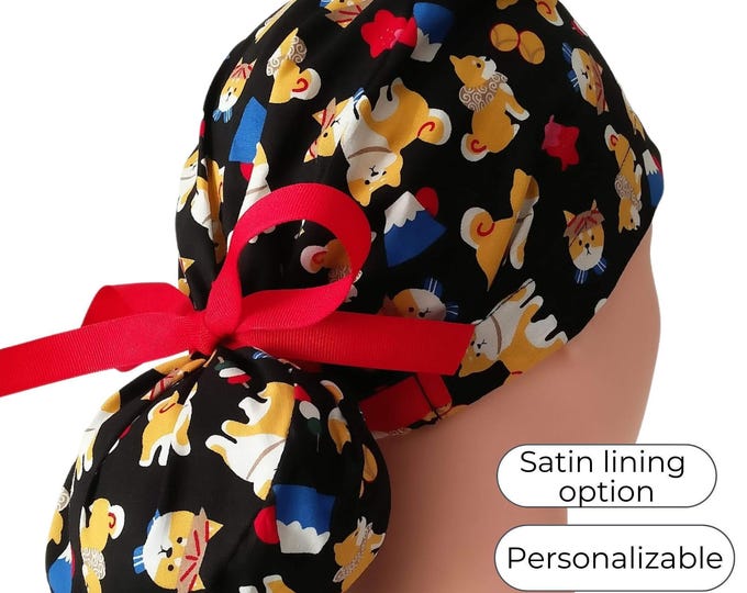 Ponytail Scrub Cap - Surgical Cap - Shiba Dog - Satin Lining Option
