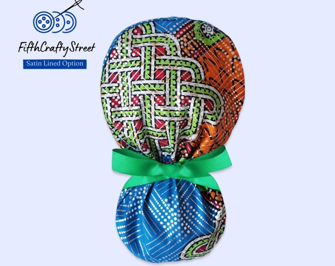 African print Waxed Cotton with Glitter  - Surgical Cap with Ponytail holder - FifthCraftyStreet