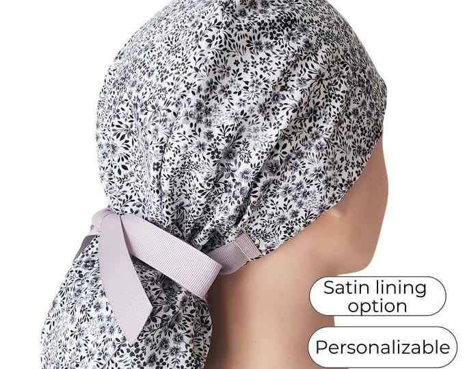 Scrub Caps for Women Ponytail Style with Satin Lining Option: Gray Floral