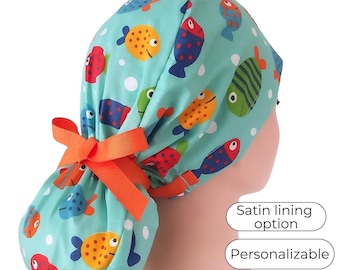 Ponytail Scrub Cap for Women - Surgical Hat Fish Print with Satin Lining Option