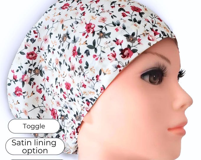Red Floral Euro Scrub Cap Satin Lined Surgical Hat for Nurses