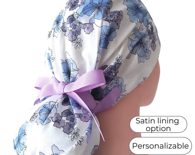 Floral Ponytail Surgical Cap for Women  with Satin Lining Option