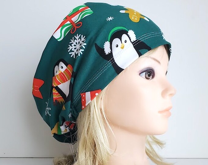 stretchy scrub cup, surgical euro hat, Green Penguin Christmas - FifthCraftyStreet