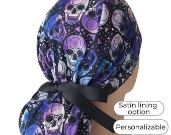 Scull Halloween - Ponytail Scrub Cap for Women - Surgical Cap with Satin Lining option -