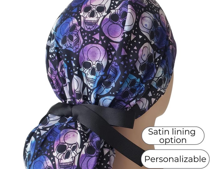 Scull Halloween - Ponytail Scrub Cap for Women - Surgical Cap with Satin Lining option - FifthCraftyStreet